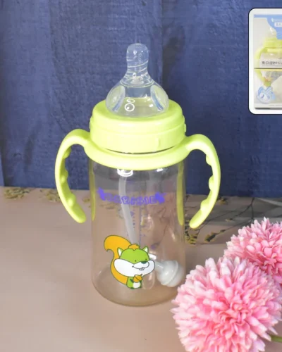 Plastic Baby Feeding Bottle with Handles, Cleaning brush & Straw (300 ML / 1 Pc)