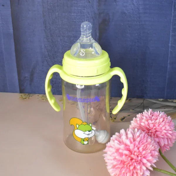 Plastic Baby Feeding Bottle with Handles, Cleaning brush & Straw (300 ML / 1 Pc) - Image 3