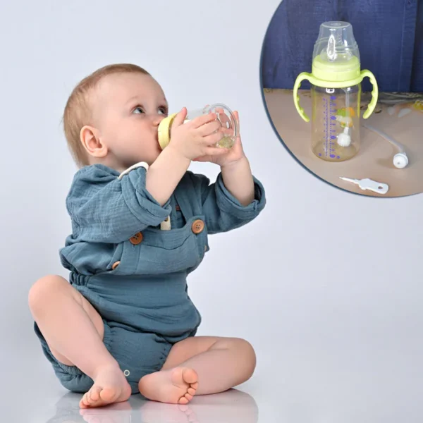 Plastic Baby Feeding Bottle with Handles, Cleaning brush & Straw (300 ML / 1 Pc) - Image 6