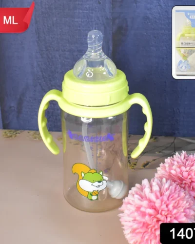 Plastic Baby Feeding Bottle with Handles, Cleaning brush & Straw (300 ML / 1 Pc)