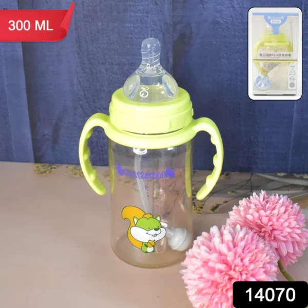 Plastic Baby Feeding Bottle with Handles, Cleaning brush & Straw (300 ML / 1 Pc) - Image 2